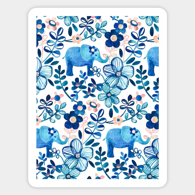 Blush Pink, White and Blue Elephant and Floral Watercolor Pattern Sticker by micklyn